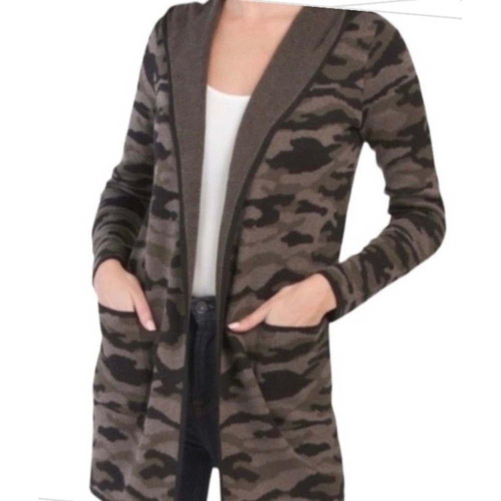 Rachel Zoe Open Front‎ Hooded Cardigan Sweater Green Gray Black Camo Pocketed S